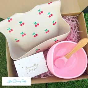 Cherry Silicone Bib   Bowl   Spoon (Pink) - Gift Set