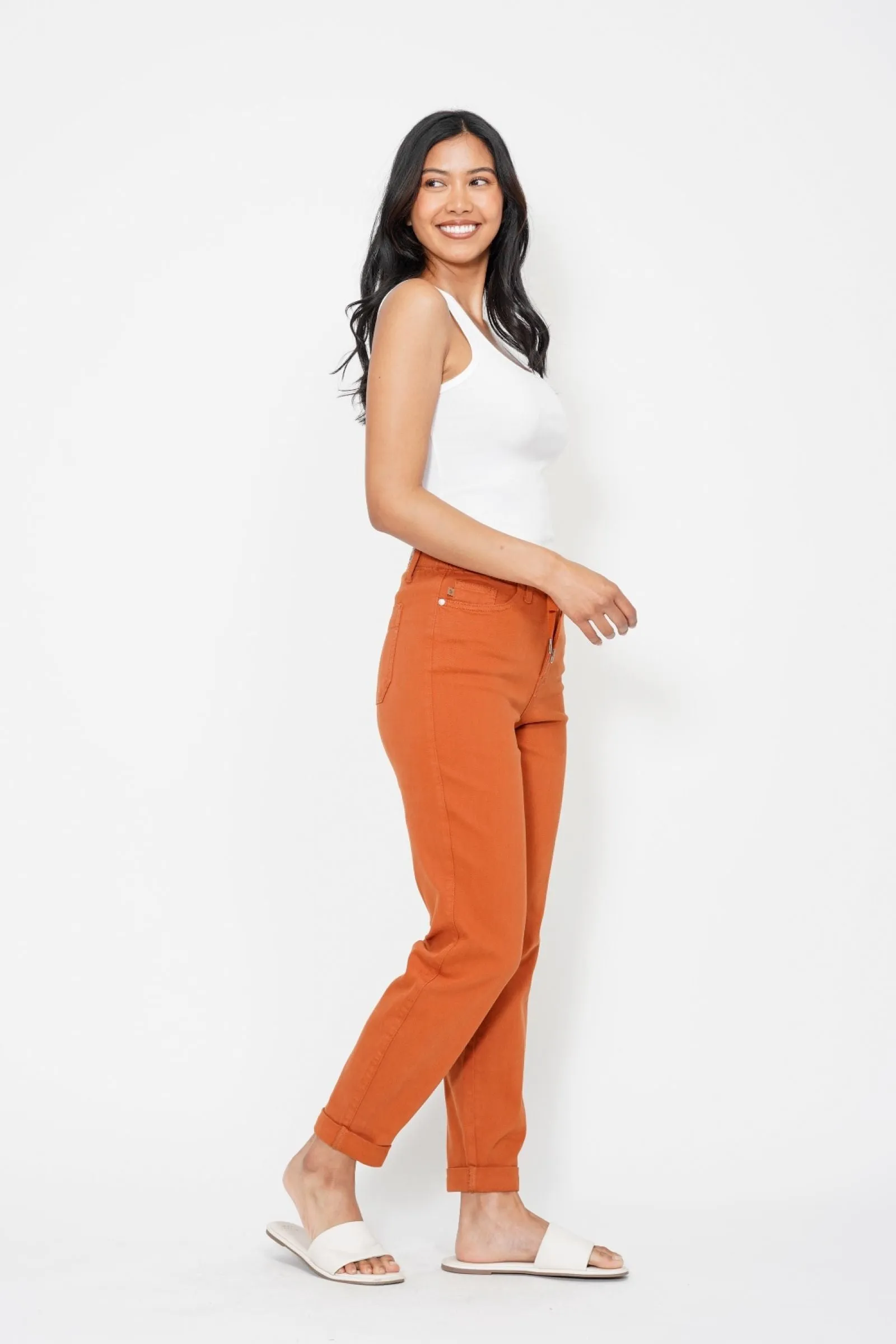 Judy Blue High Waist Garment Dyed Auburn Orange Double Cuff Jogger Denim 88911