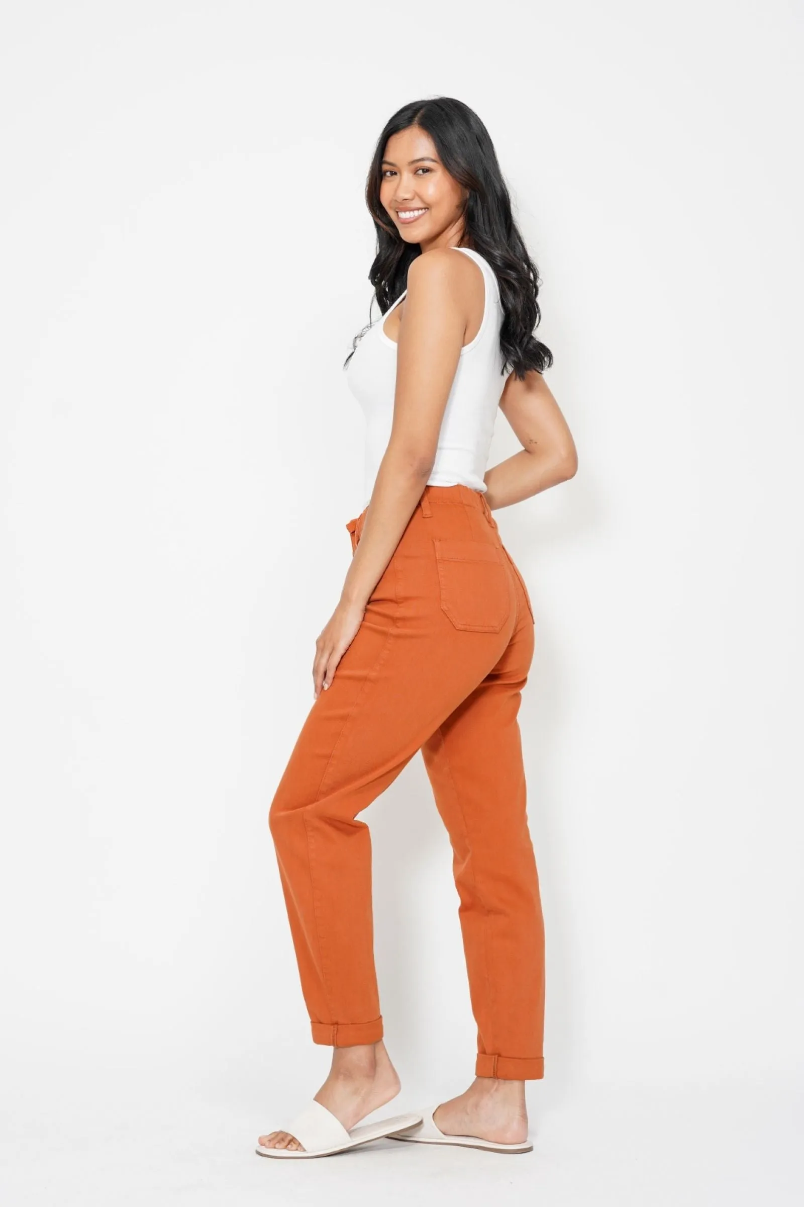 Judy Blue High Waist Garment Dyed Auburn Orange Double Cuff Jogger Denim 88911