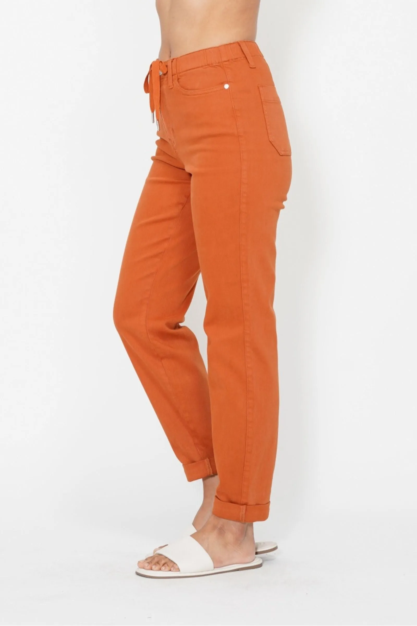 Judy Blue High Waist Garment Dyed Auburn Orange Double Cuff Jogger Denim 88911