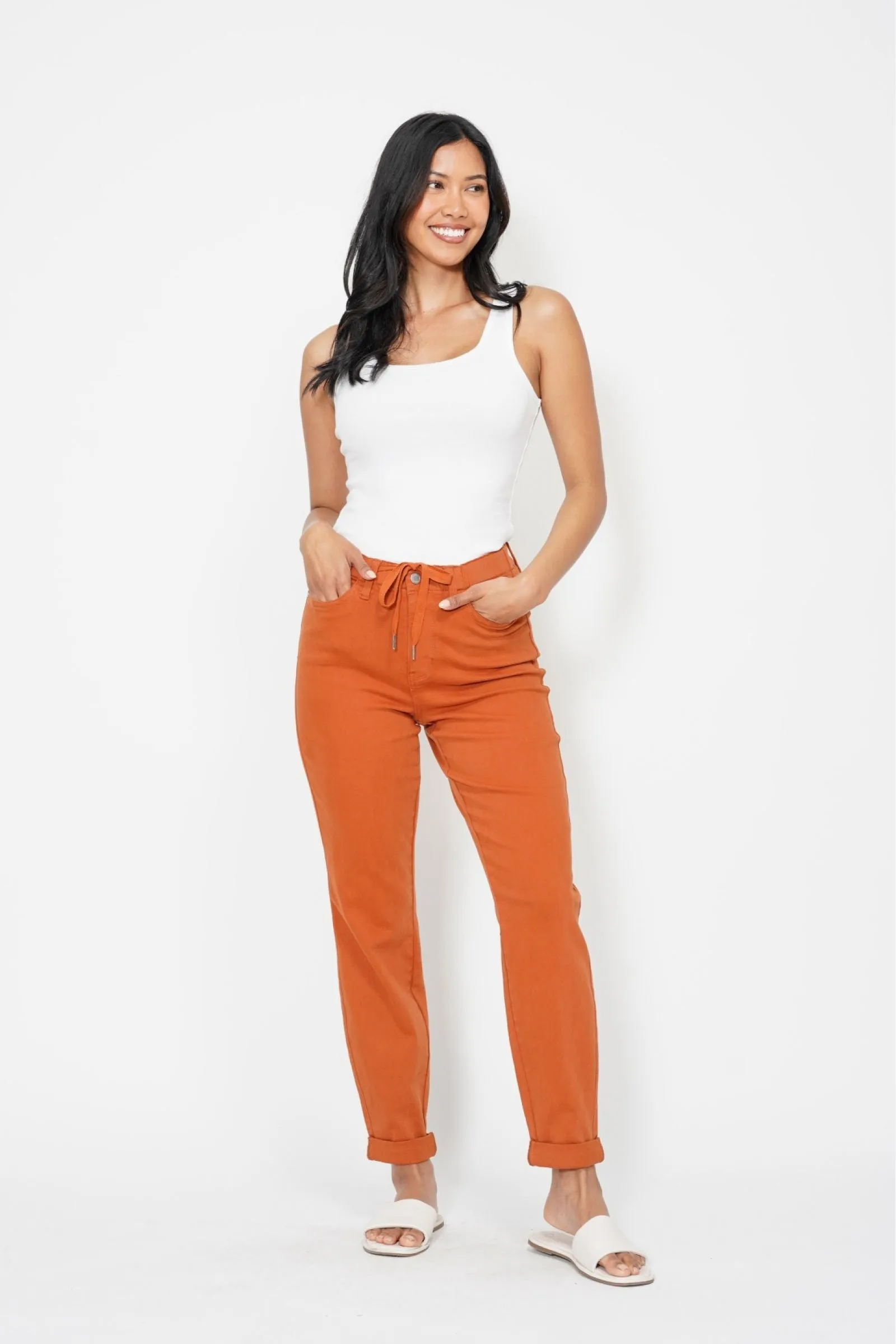 Judy Blue High Waist Garment Dyed Auburn Orange Double Cuff Jogger Denim 88911