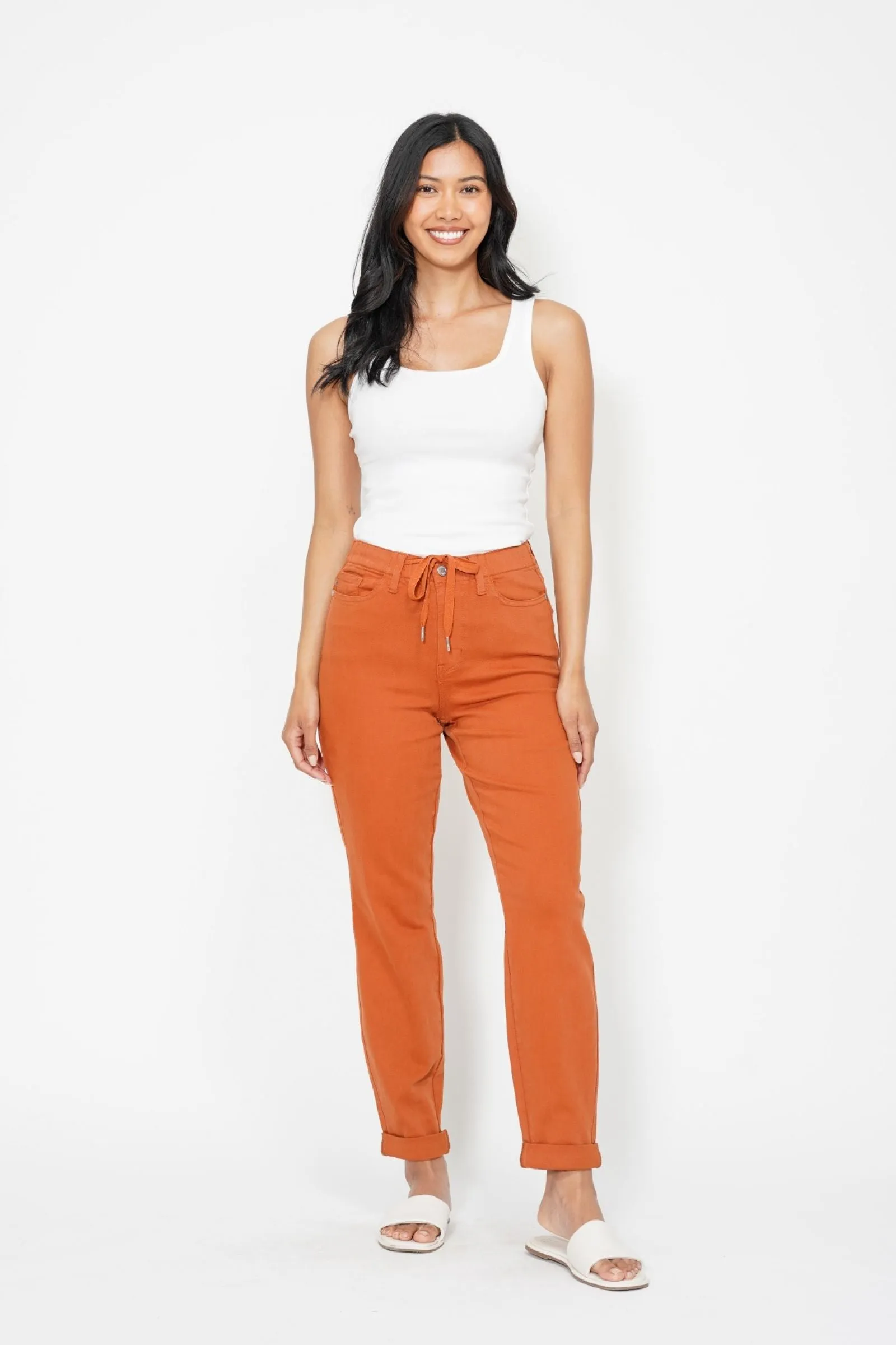 Judy Blue High Waist Garment Dyed Auburn Orange Double Cuff Jogger Denim 88911