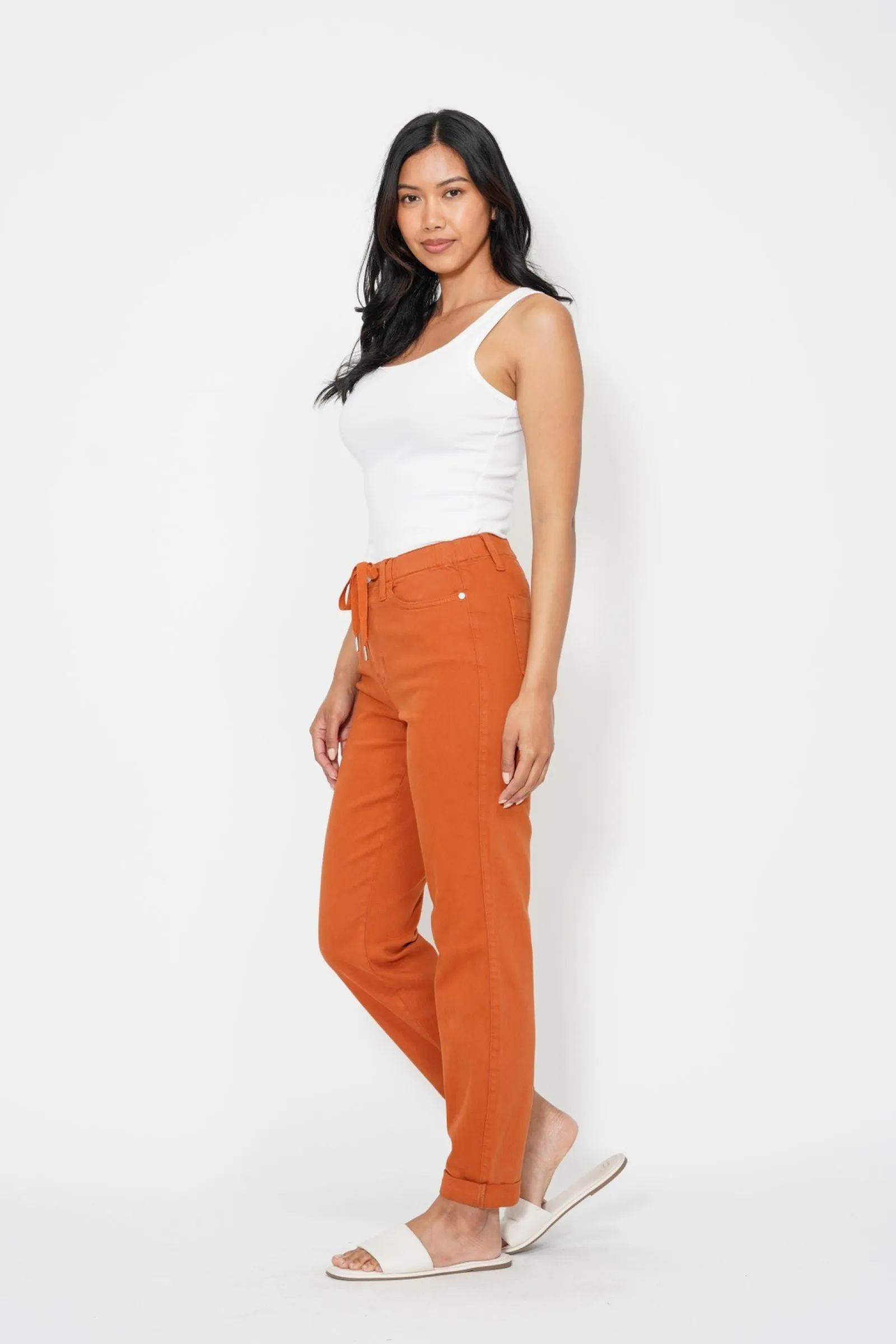 Judy Blue High Waist Garment Dyed Auburn Orange Double Cuff Jogger Denim 88911