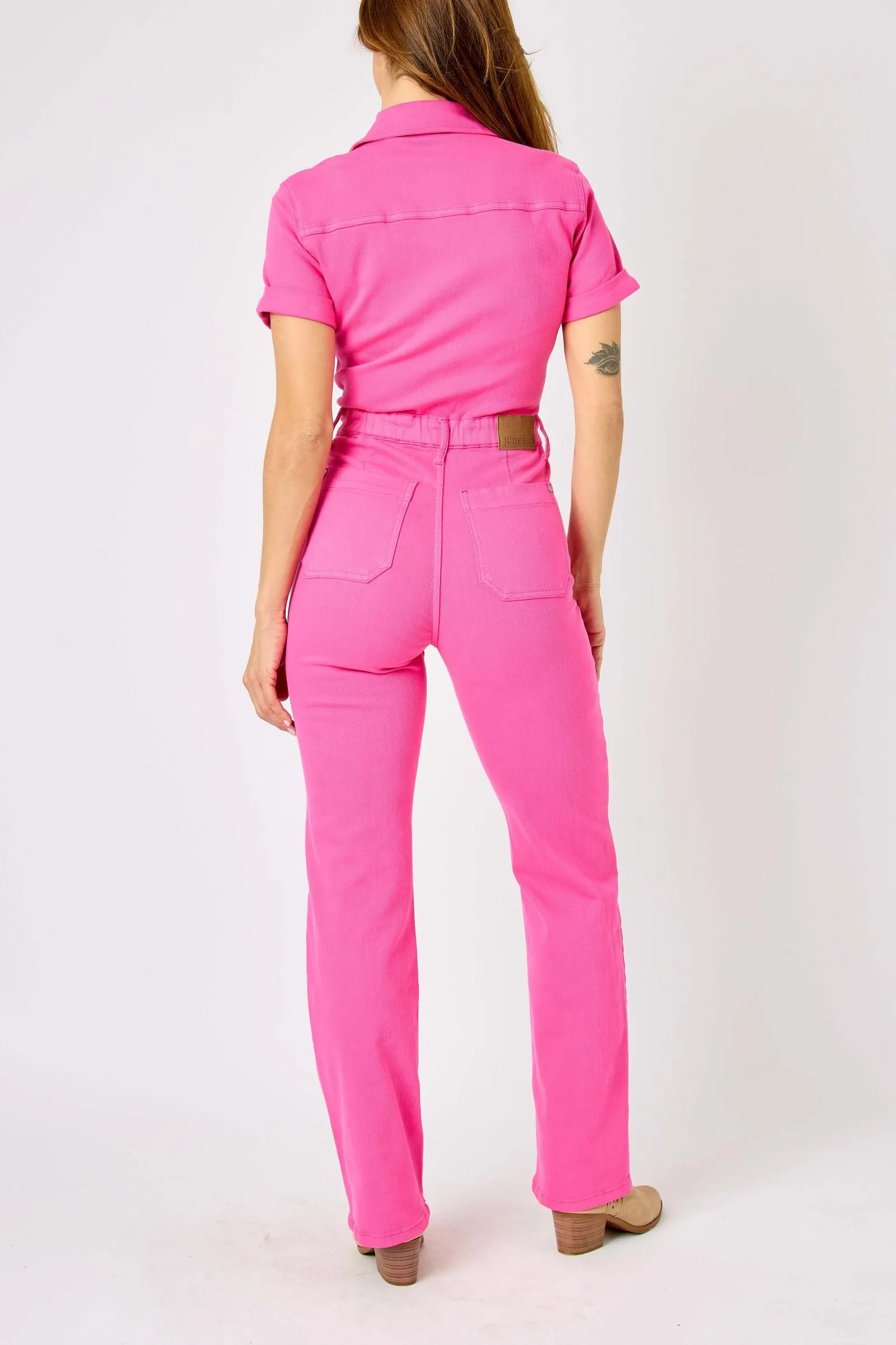 Judy Blue High Waist Garment Dyed Hot Pink Short Sleeve Straight Denim Jumpsuit 88834