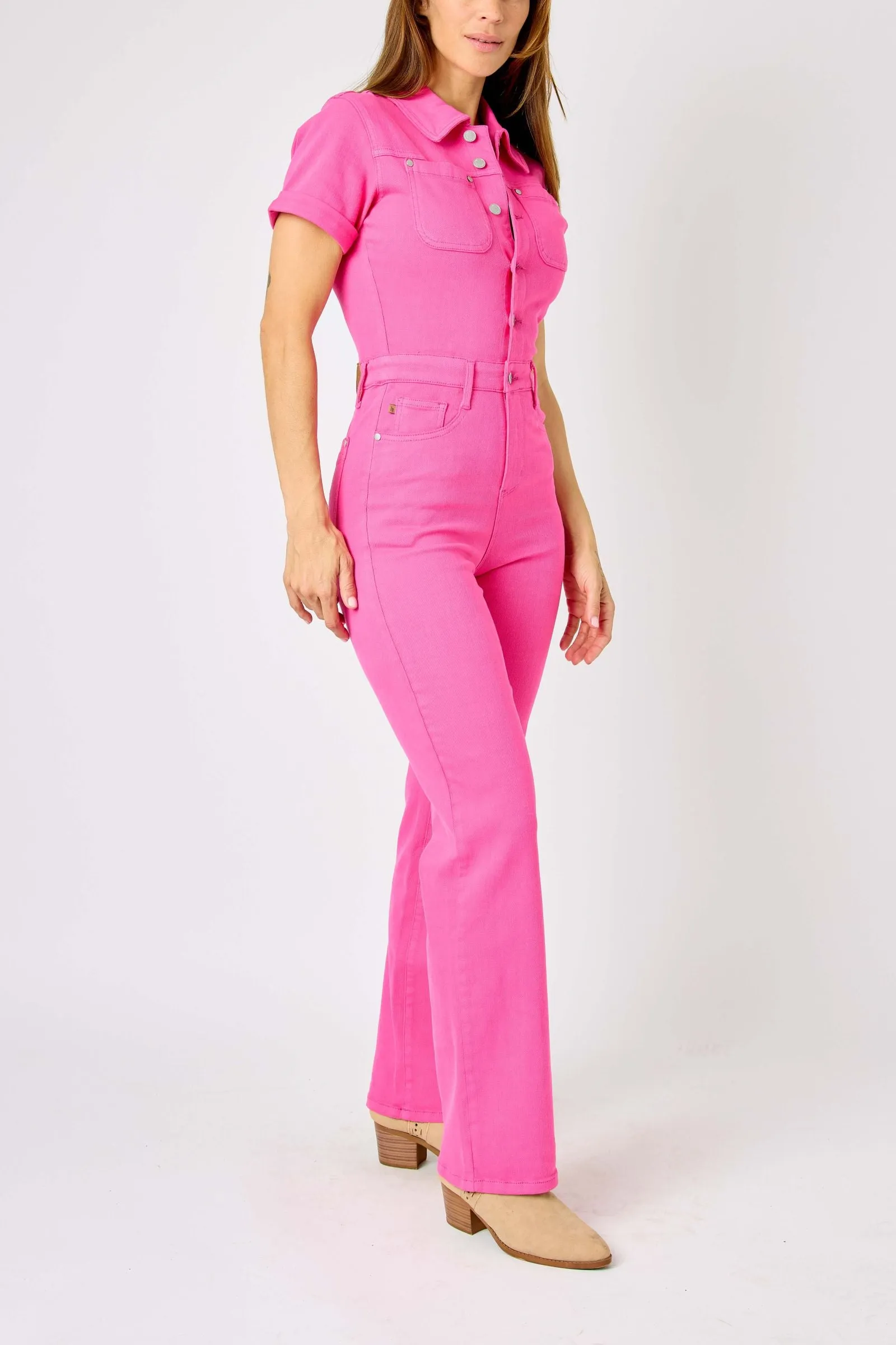 Judy Blue High Waist Garment Dyed Hot Pink Short Sleeve Straight Denim Jumpsuit 88834