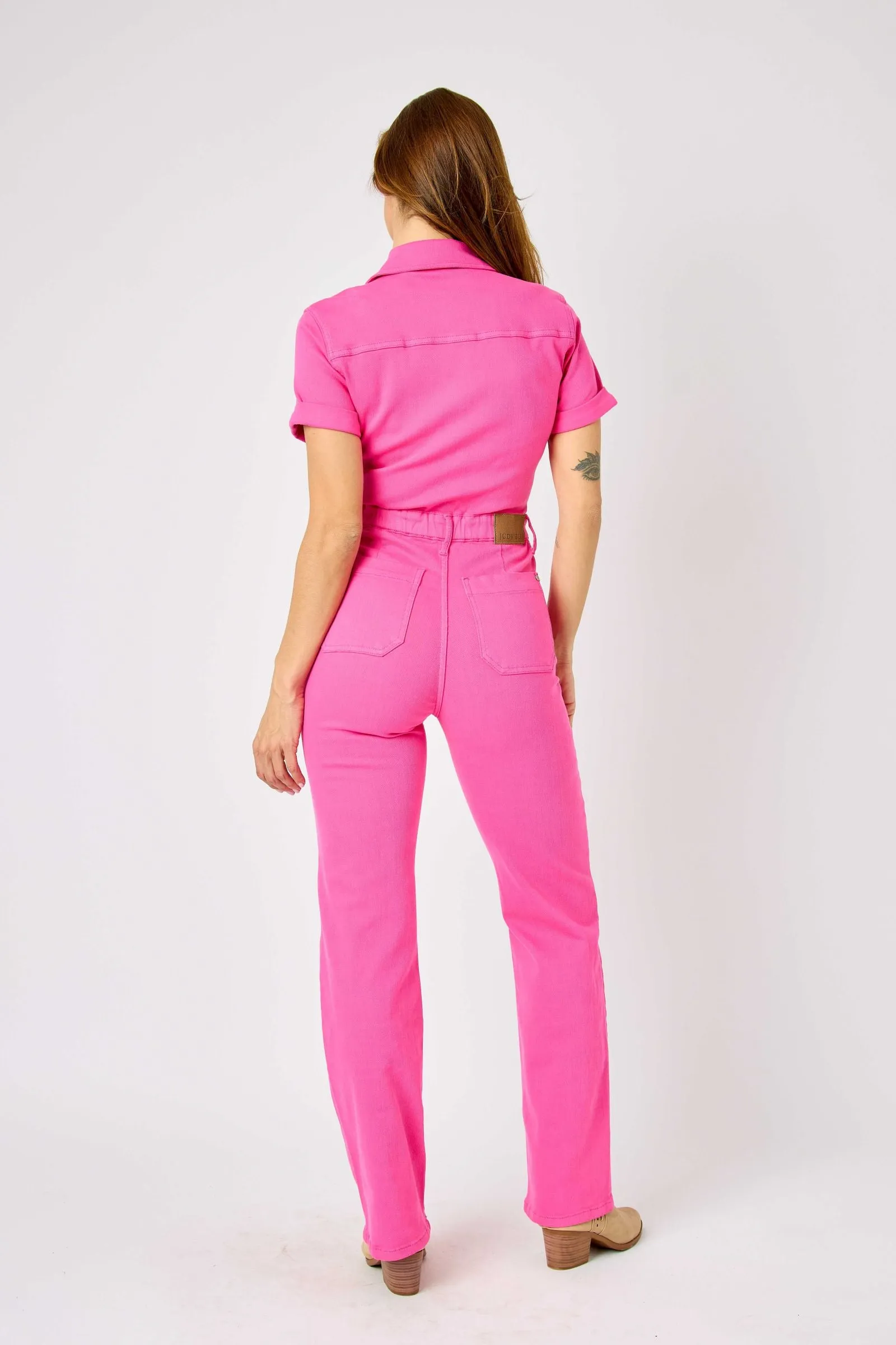 Judy Blue High Waist Garment Dyed Hot Pink Short Sleeve Straight Denim Jumpsuit 88834