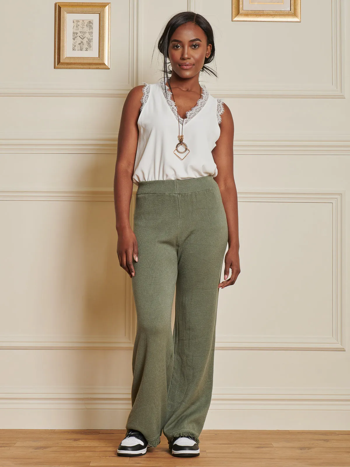 Knitted Fringe Detail Trousers, Soldier Green