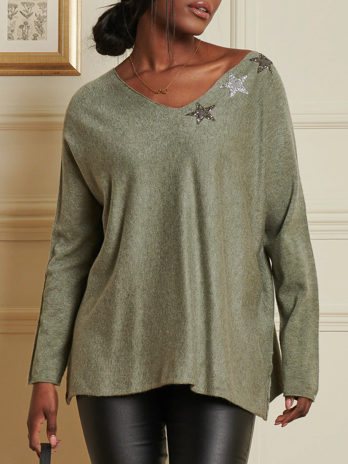 Knitted Rhinestone Star Neck Jumper, Khaki Green