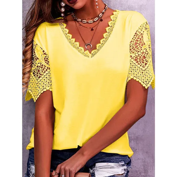 Lace Tops Women Summer Loose V Neck Short Sleeve Casual Shirts