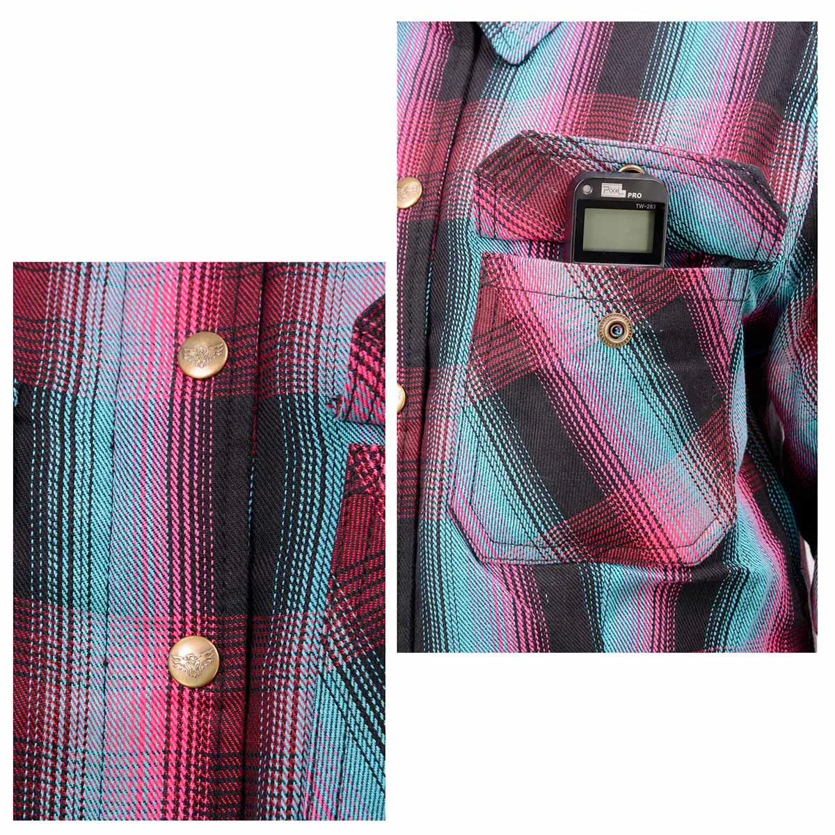 Milwaukee Leather MPL2603 Women’s Plaid Flannel Biker Shirt with CE Approved Armor - Reinforced w/ Aramid Fiber