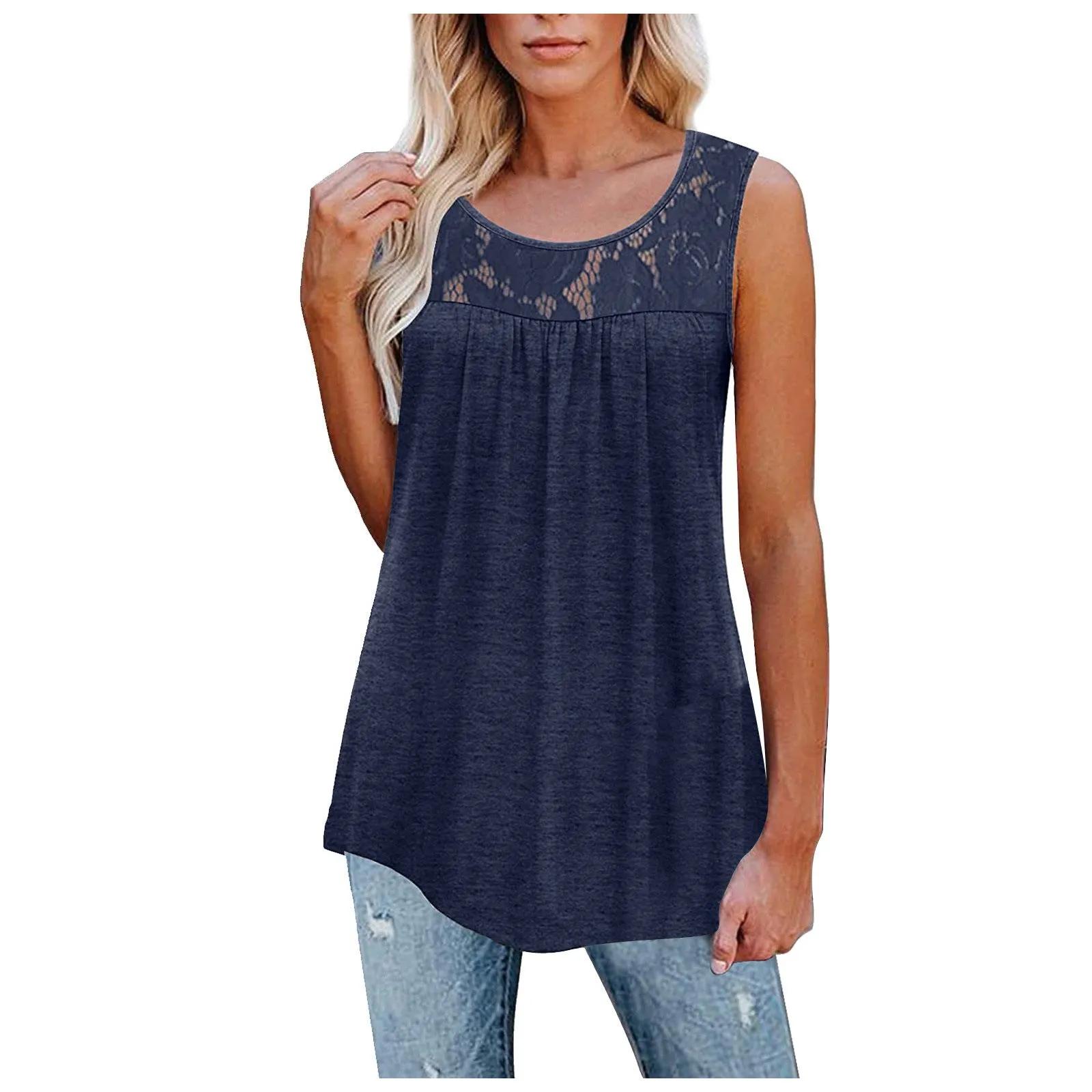 Plus Size 5XL Sexy Lace Tops Summer Women Loose O-Neck Tank Tops