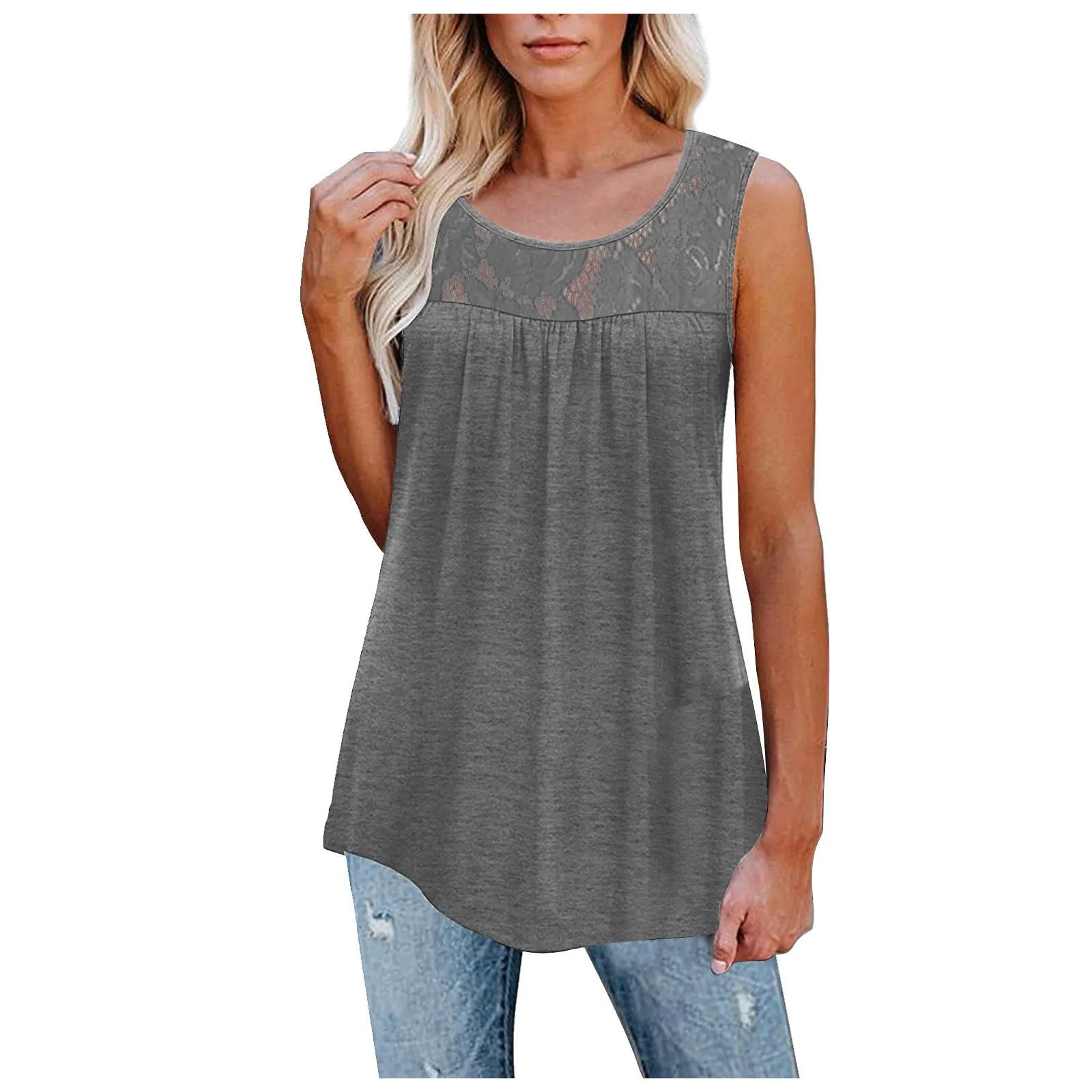 Plus Size 5XL Sexy Lace Tops Summer Women Loose O-Neck Tank Tops