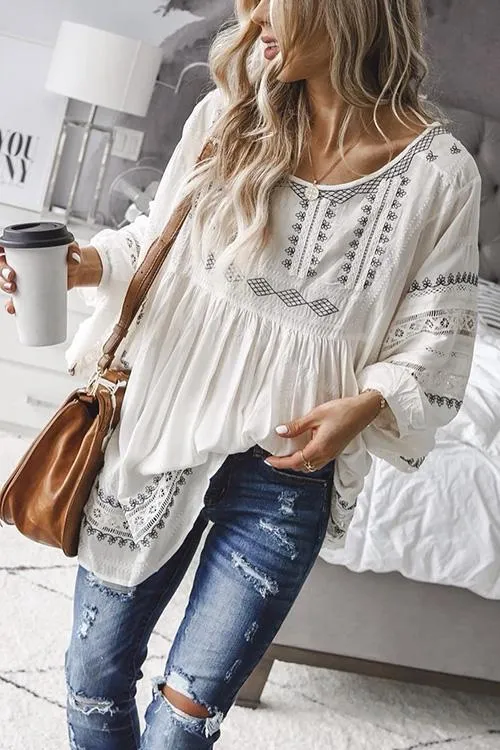 Print O Neck Loose Cover Blouse