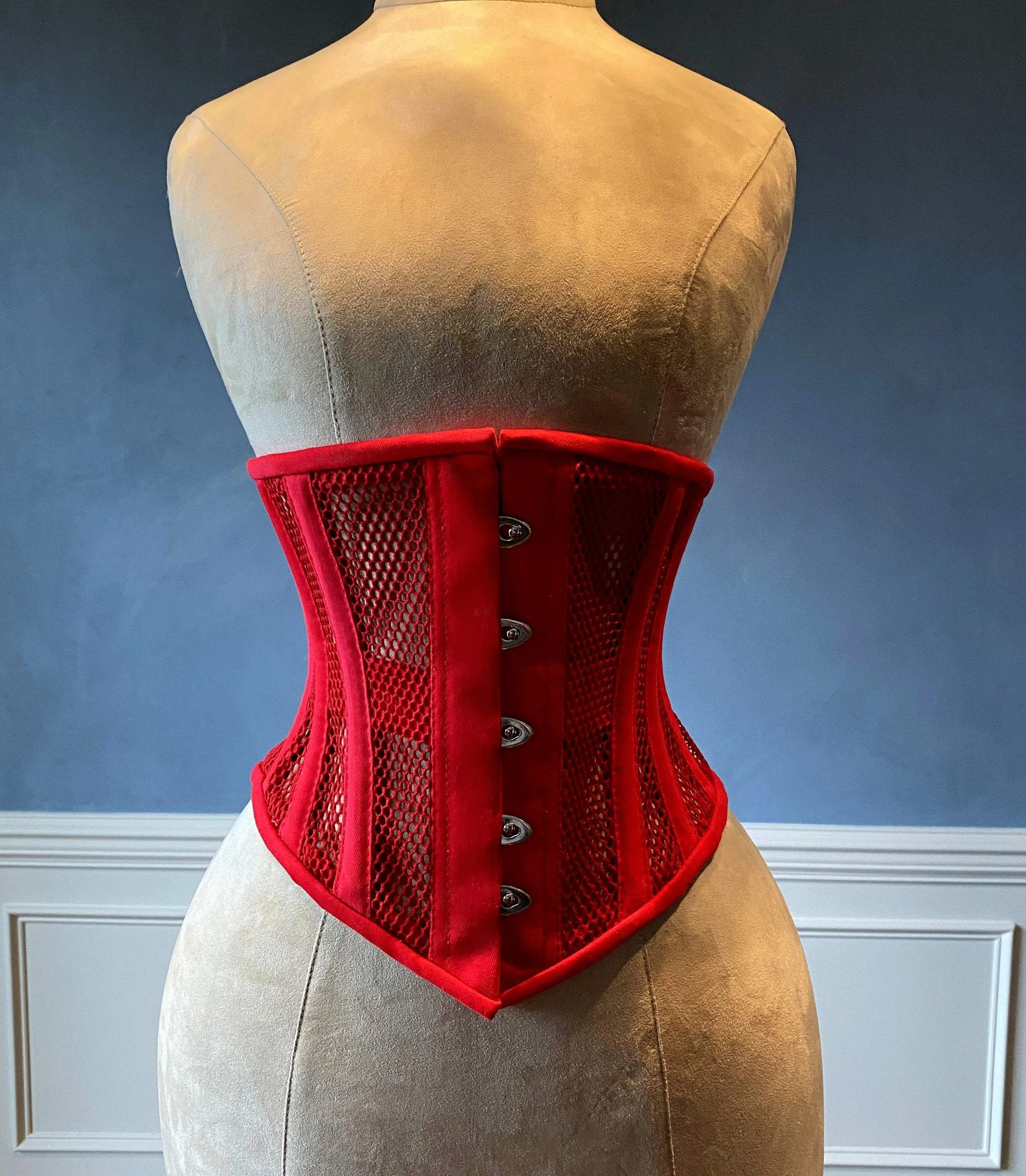 Real steel boned underbust underwear red corset from transparent mesh and cotton. Real waist training corset for tight lacing.