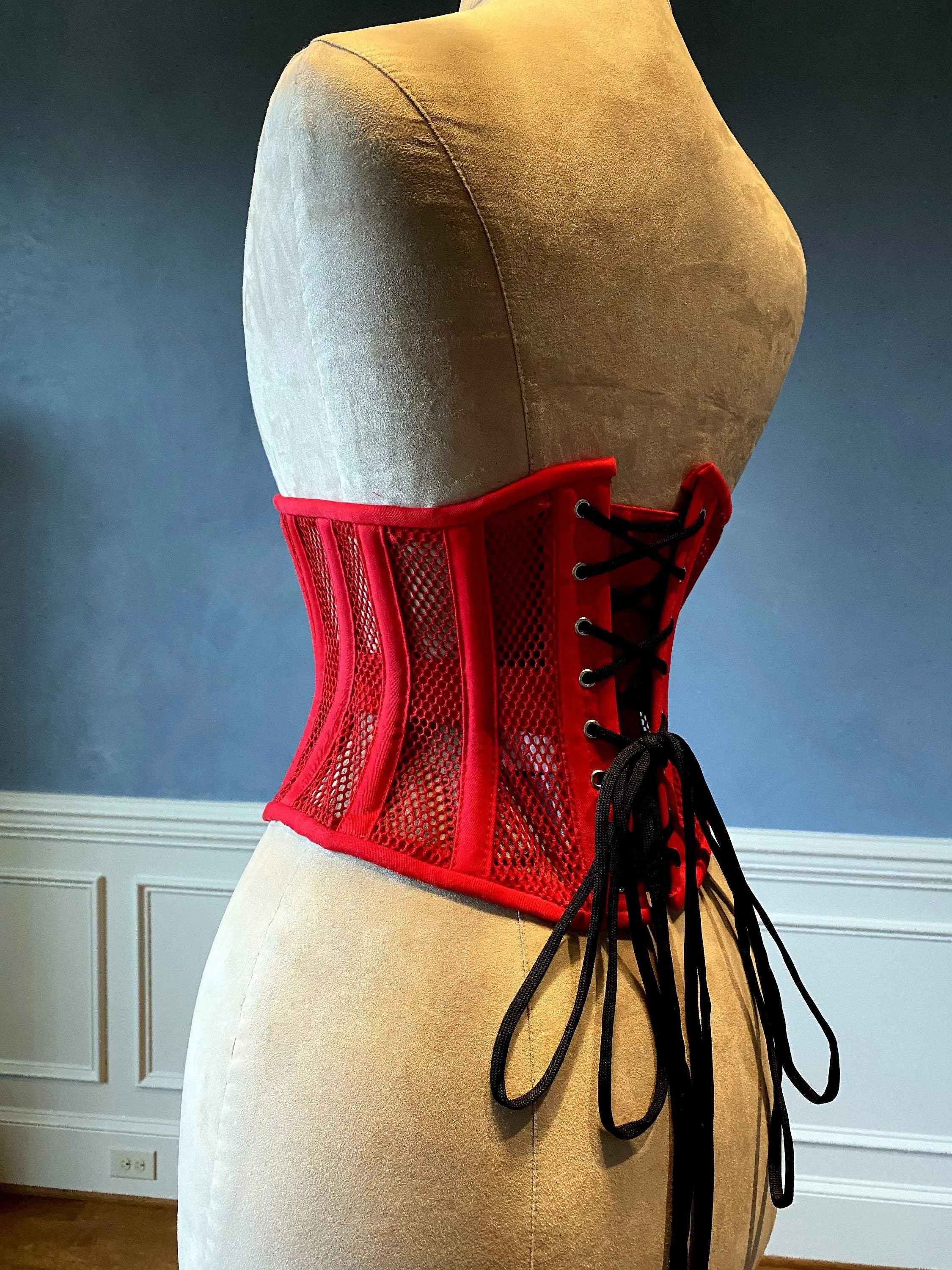 Real steel boned underbust underwear red corset from transparent mesh and cotton. Real waist training corset for tight lacing.