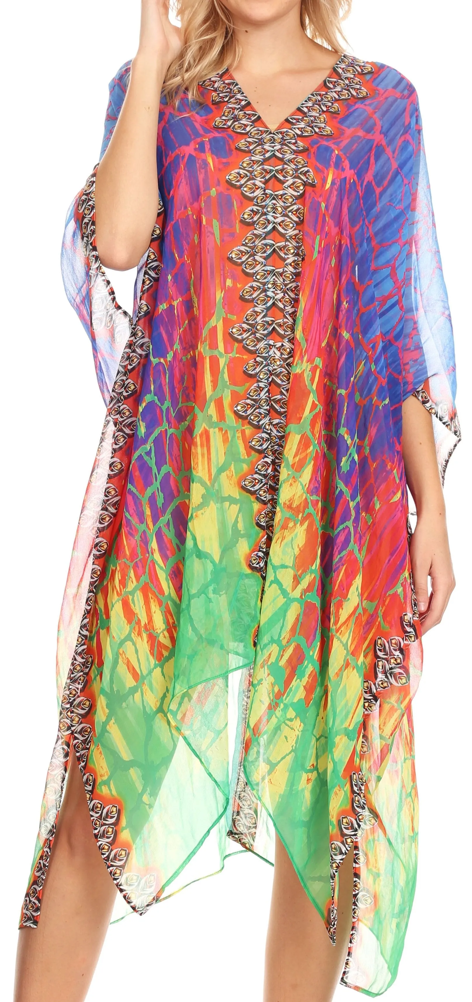 Sakkas Alvita Women's V Neck Beach Dress Top Caftan Cover up with Rhinestones