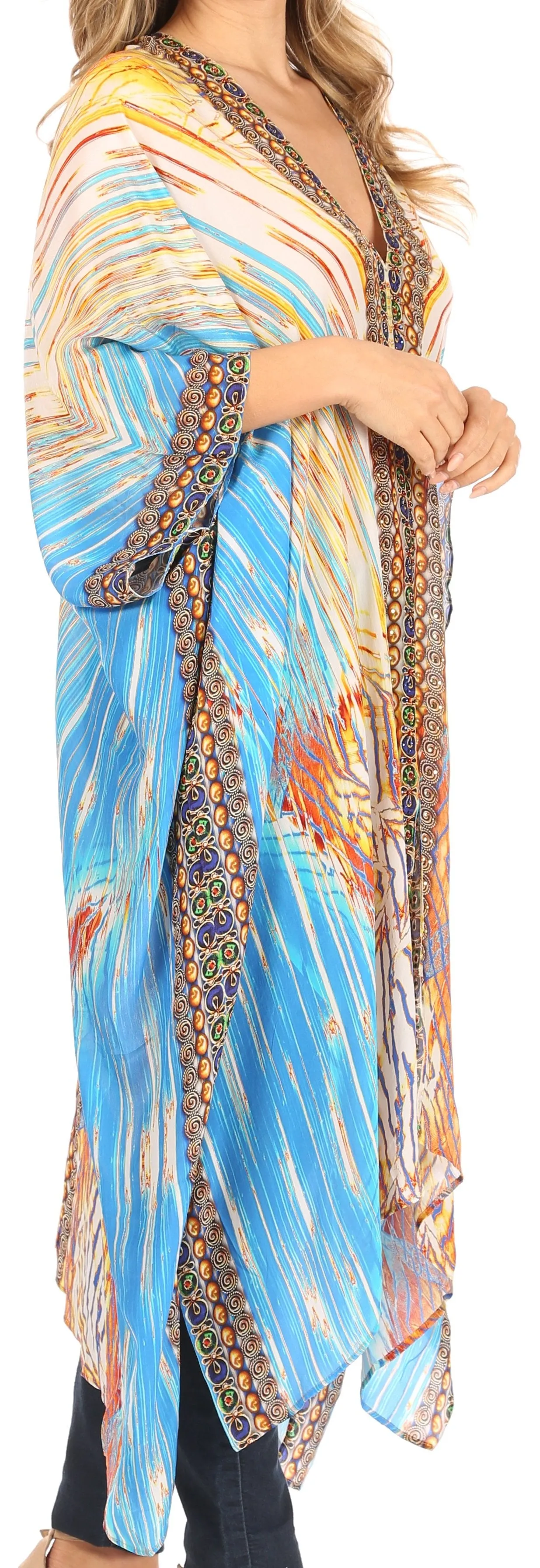 Sakkas Alvita Women's V Neck Beach Dress Top Caftan Cover up with Rhinestones