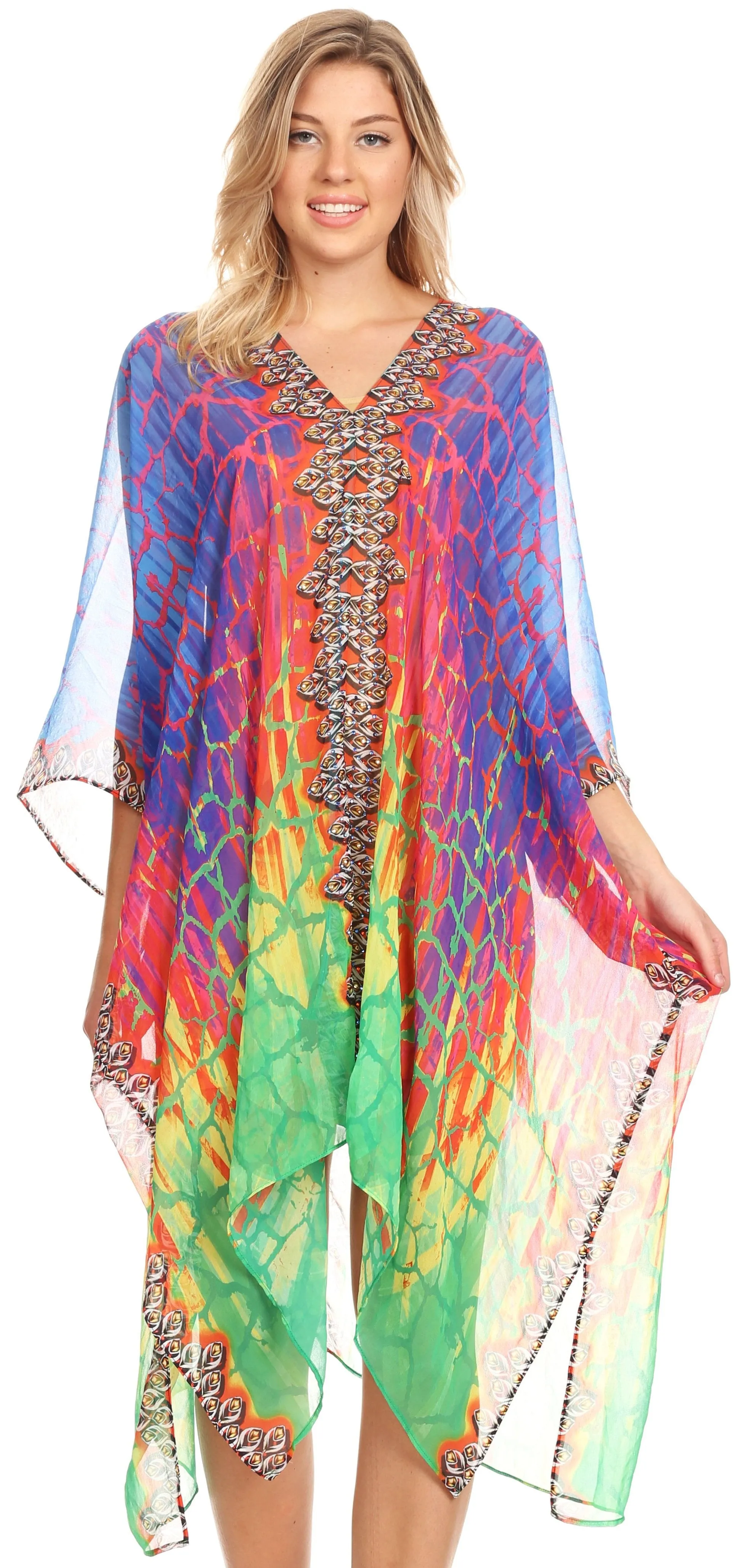 Sakkas Alvita Women's V Neck Beach Dress Top Caftan Cover up with Rhinestones