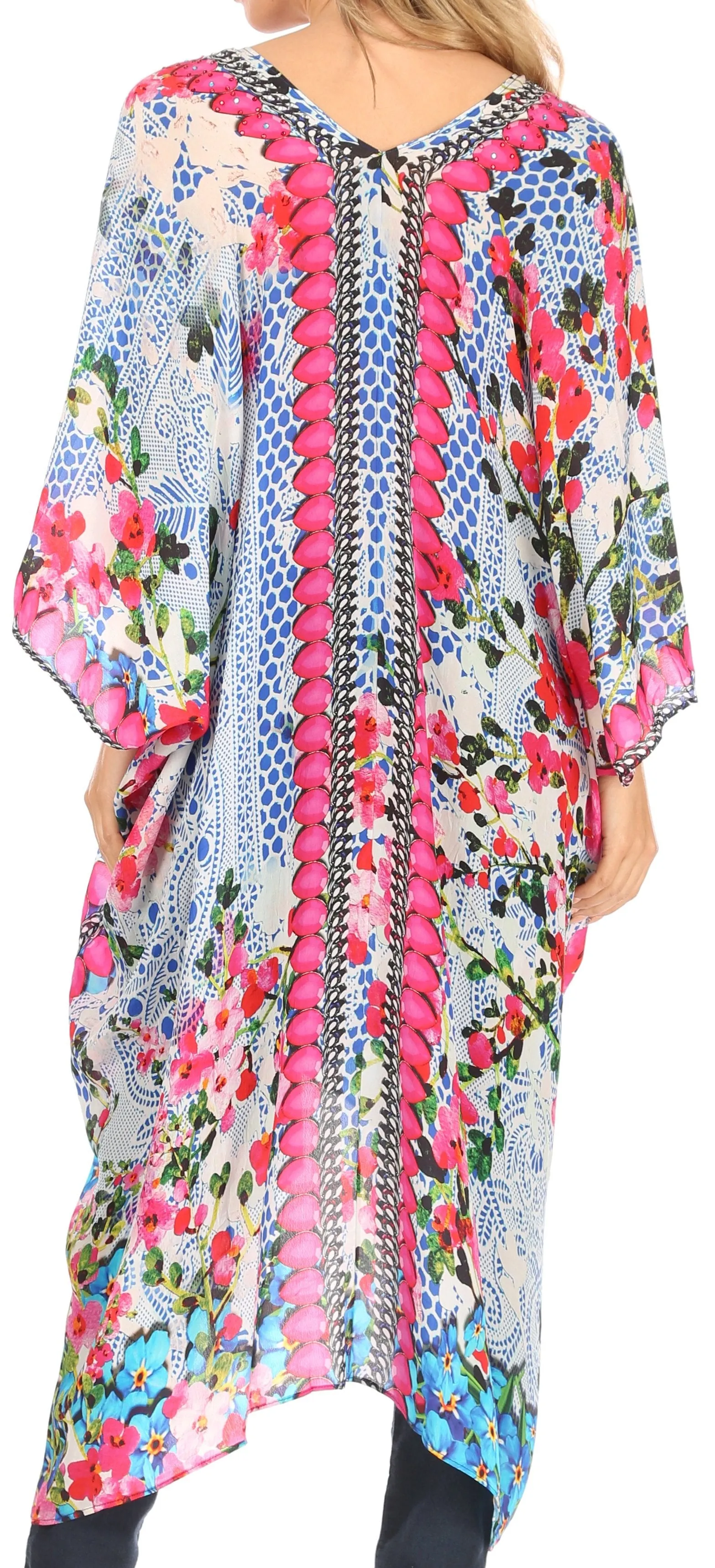 Sakkas Alvita Women's V Neck Beach Dress Top Caftan Cover up with Rhinestones