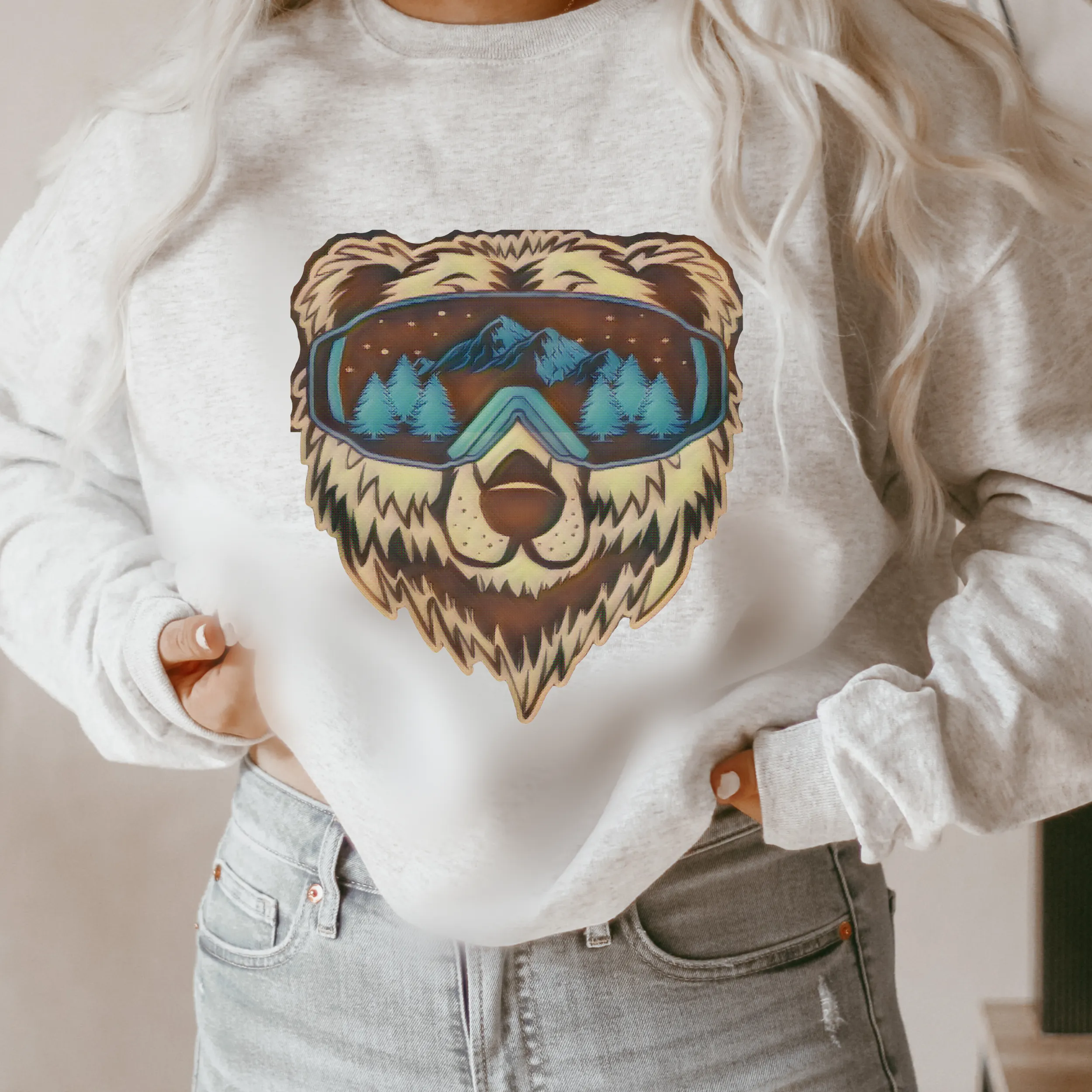 Ski Bear Women's Sweatshirt, Ash, White or Sand Fleece Crewneck Pullover Cozy Winter Sports Skiing Brown Bear in Ski Goggles Sweatshirts