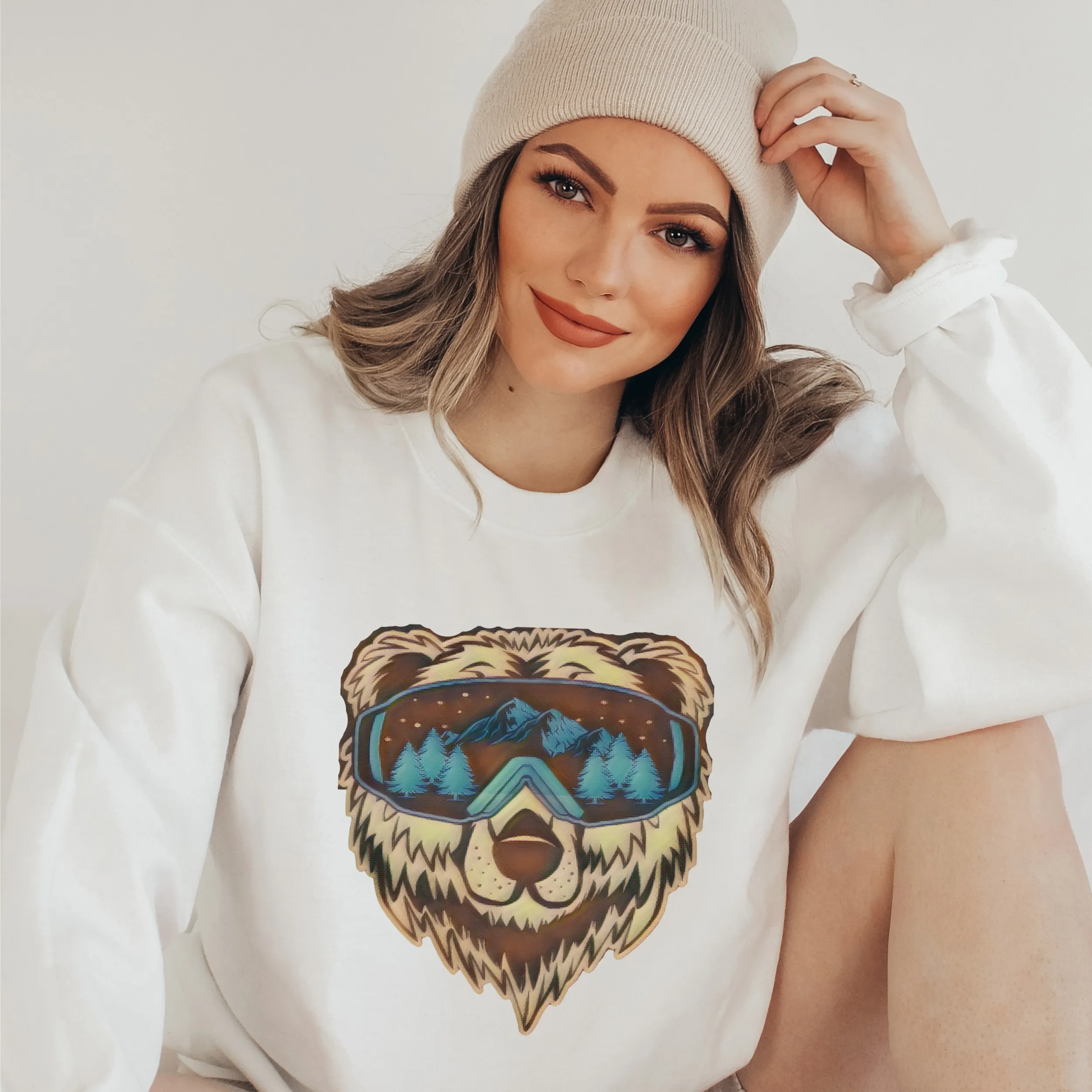 Ski Bear Women's Sweatshirt, Ash, White or Sand Fleece Crewneck Pullover Cozy Winter Sports Skiing Brown Bear in Ski Goggles Sweatshirts