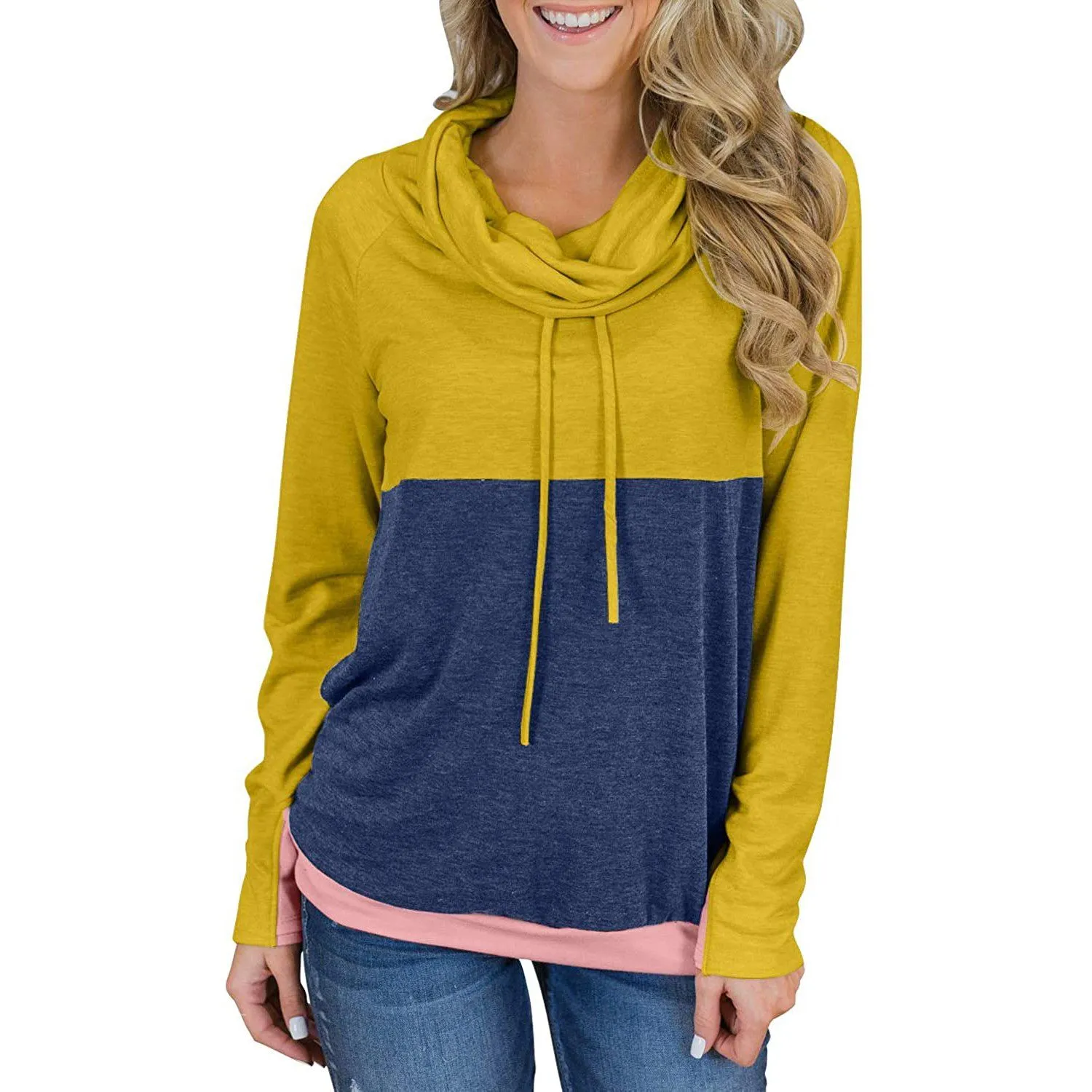 Women Cowl Neck Casual Tunic Sweatshirts Drawstring Long Sleeve Color Block Patchwork Pullover Tops