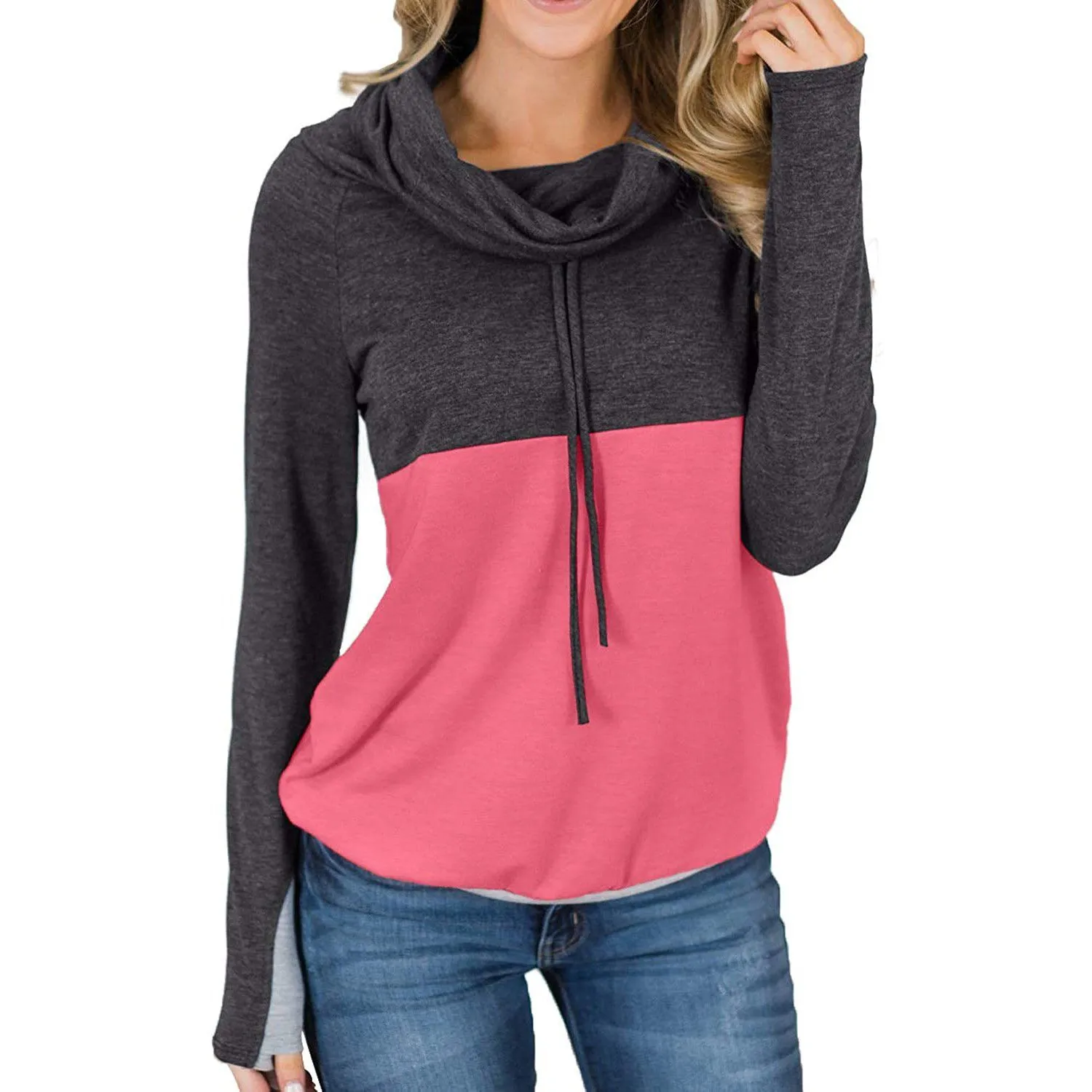 Women Cowl Neck Casual Tunic Sweatshirts Drawstring Long Sleeve Color Block Patchwork Pullover Tops