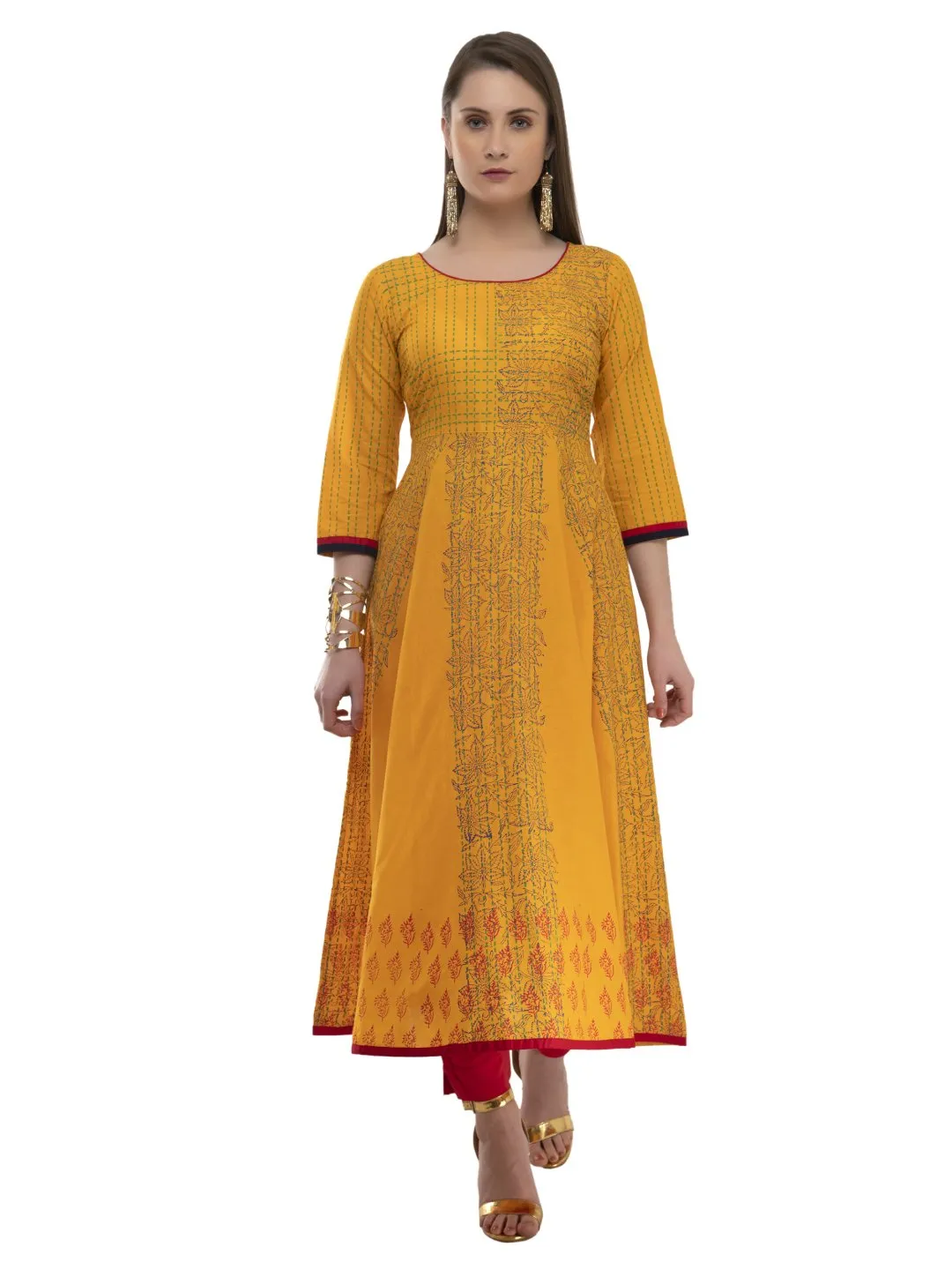 Women Minimal Mustard Ajrakh Hand Block Cotton Printed Anarkali