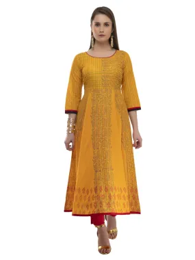 Women Minimal Mustard Ajrakh Hand Block Cotton Printed Anarkali