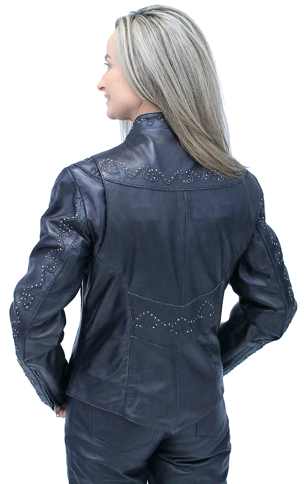 Women's Scallop and Mini Stud Trim Leather Jacket #L2302GSK