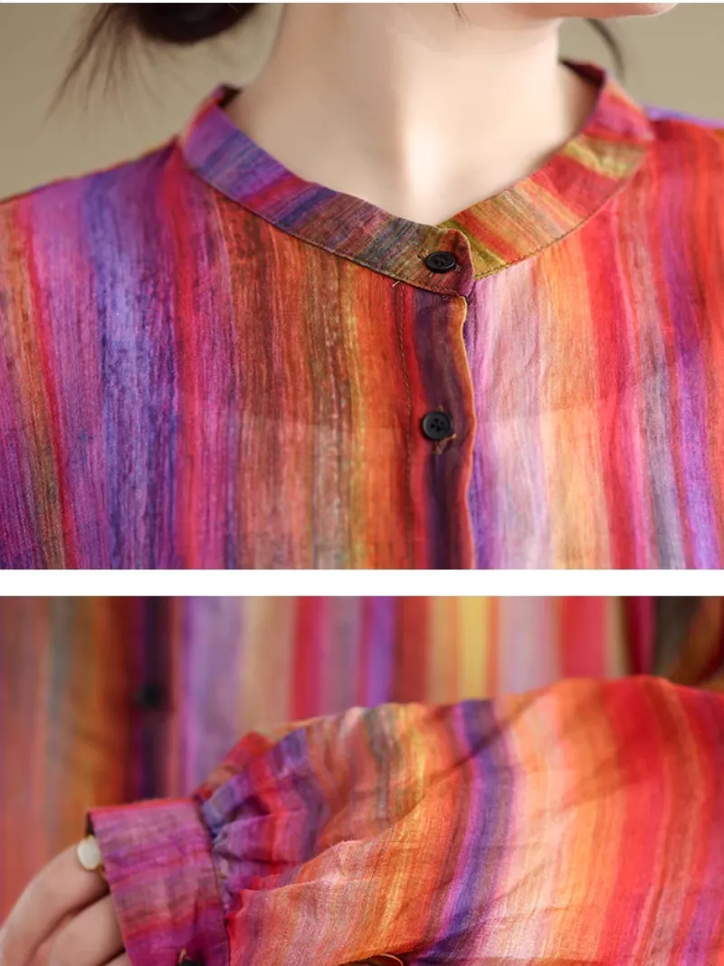 Women's Stylish Everyday Rainbow Striped Loose Shirt Tops